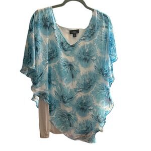 AGB Blue Floral Blouse Poncho Overlay Asymmetrical‎ White Tank Women Plus 2X